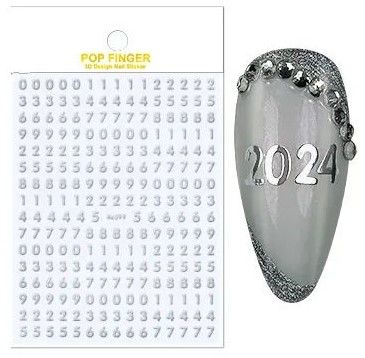 Nail Sticker, motif chiffres, argent, autocollant